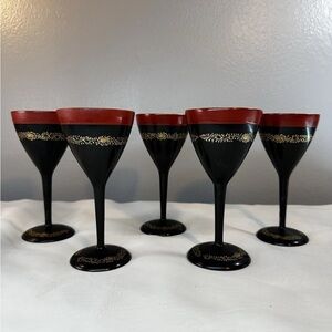 Cordial stemmed glasses 5 Wooden Vintage  Black Laquer  Glasses Hand Painted